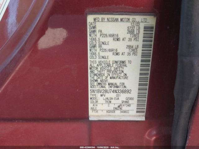 2004 NISSAN QUEST 5N1BV28U74N336892 Photo 8