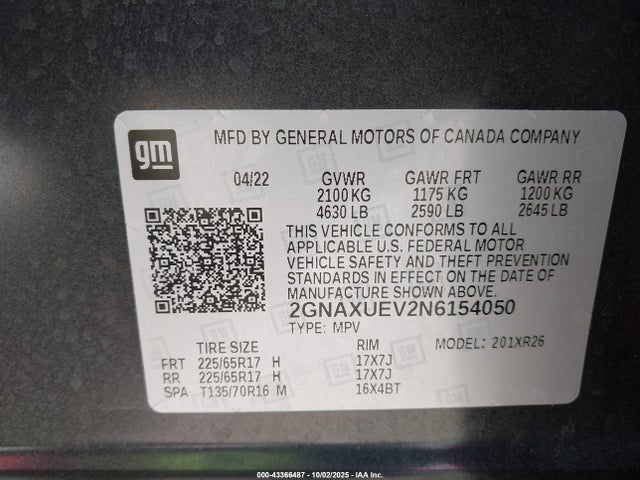 2GNAXUEV2N6154050 Chevrolet Equinox Awd Lt
