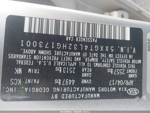 5XXGT4L32HG173001 KIA g 2.4 dohc gdi