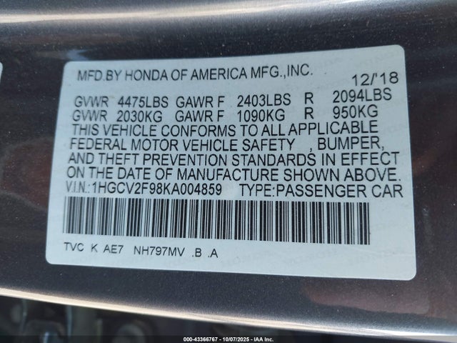 1HGCV2F98KA004859 Honda k20c4