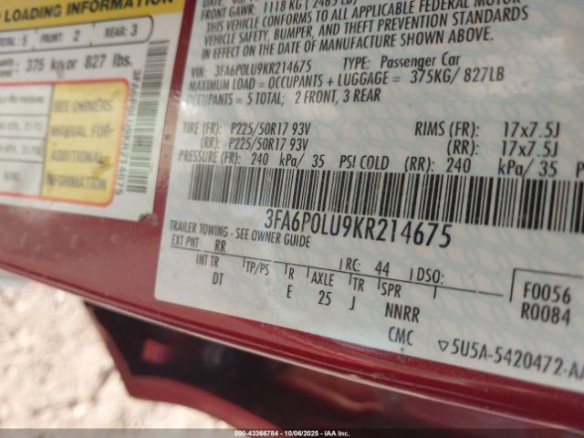 2019 FORD FUSION HYBRID 3FA6P0LU9KR214675 Photo 8