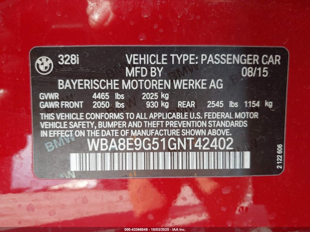 BMW 328I 2016 WBA8E9G51GNT42402 Image 9
