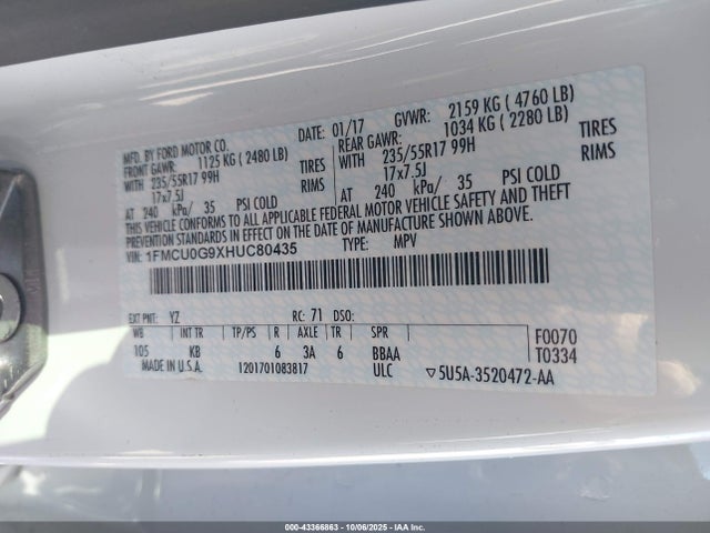Ford Escape 2017 1FMCU0G9XHUC80435 Image 9