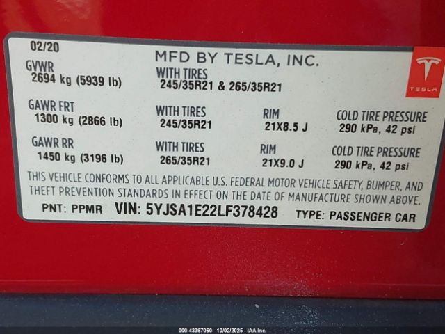 2020 TESLA MODEL S 5YJSA1E22LF378428 Photo 8