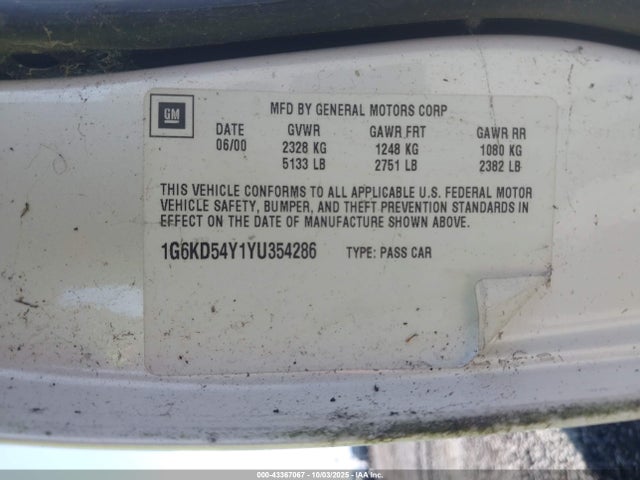 Продажа на аукционе авто 2000 Cadillac Deville Standard, vin: 1G6KD54Y1YU354286, номер лота: 43367067
