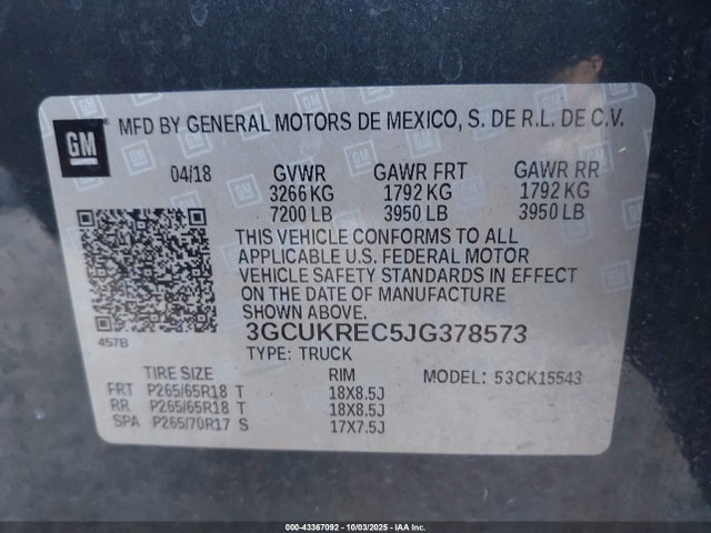 3GCUKREC5JG378573 Chevrolet l83 - sidi: spark ignited direct injection, vvt: variable valve timing, afm, e85 max, alum
