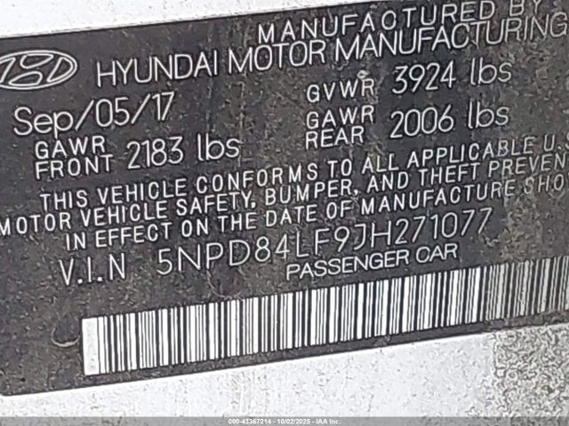 5NPD84LF9JH271077 Hyundai mpi nu
