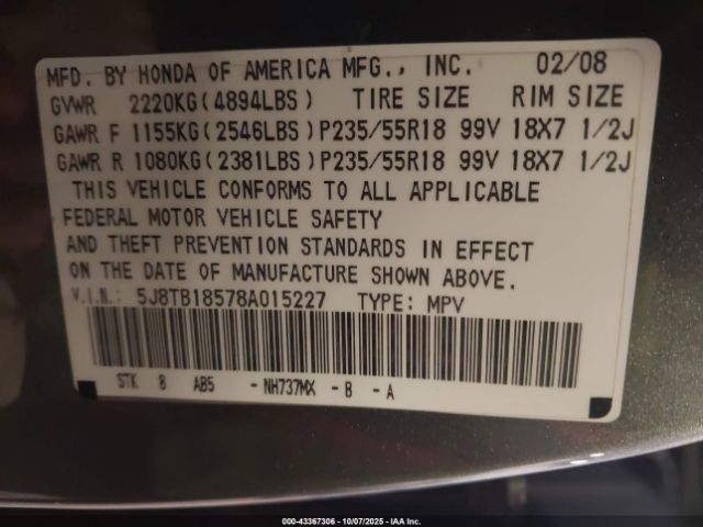 2008 ACURA RDX 5J8TB18578A015227 Photo 8