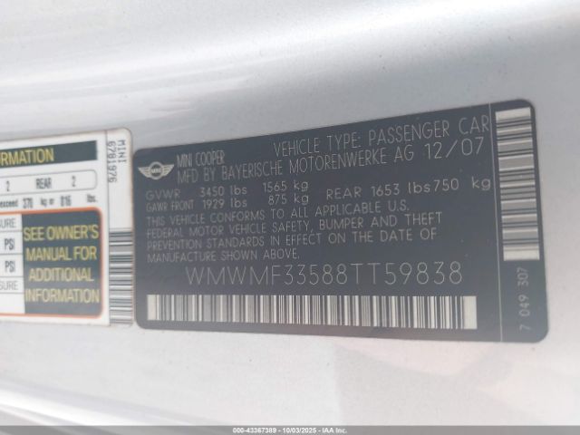 2008 MINI COOPER WMWMF33588TT59838 Photo 8