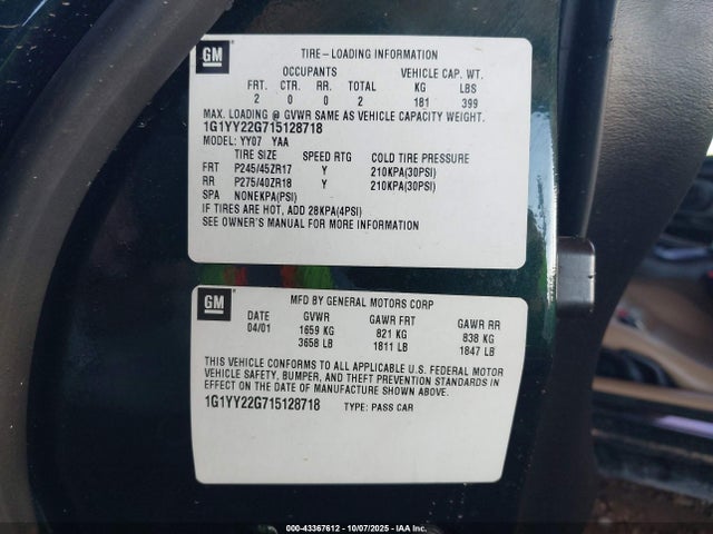 2001 CHEVROLET CORVETTE 1G1YY22G715128718 Photo 8