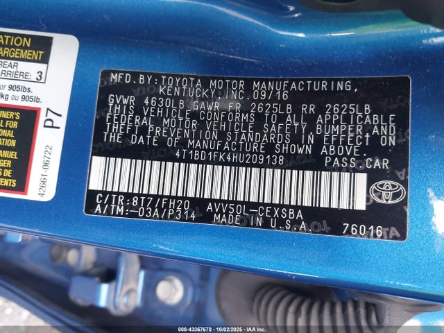 4T1BD1FK4HU209138 Toyota 2ar-fxe+2jm