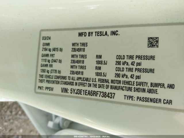 2024 TESLA MODEL 3 5YJ3E1EA6RF738437 Photo 8