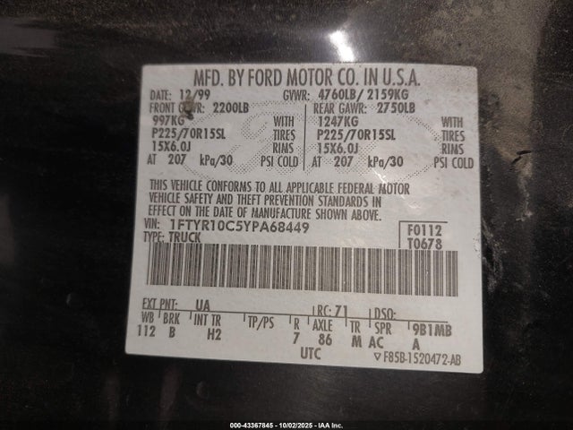 Aukcja sprzedaży 2000 Ford Ranger Xl/xlt, vin: 1FTYR10C5YPA68449, numer aukcji: 43367845
