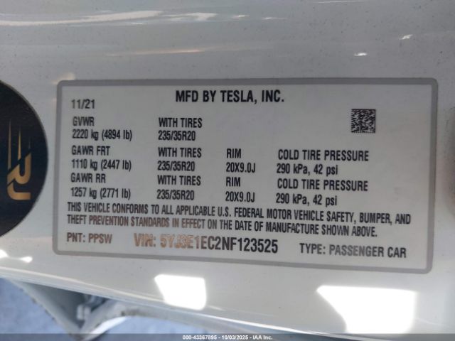 2022 TESLA MODEL 3 5YJ3E1EC2NF123525 Photo 8
