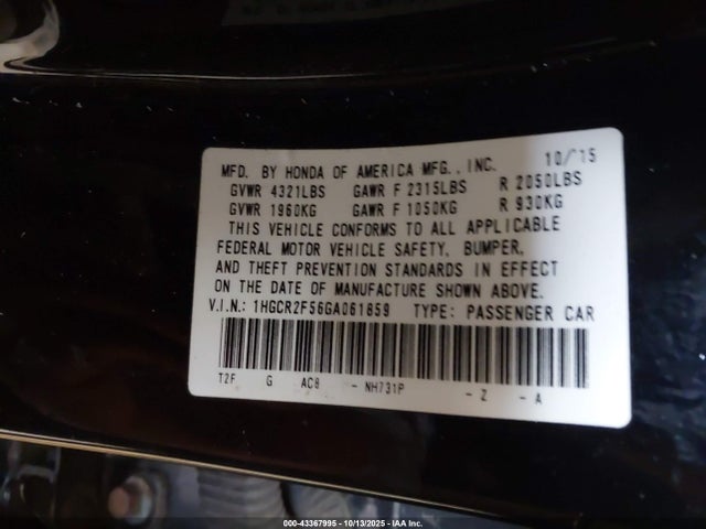 Aukcja sprzedaży 2016 Honda Accord Sport, vin: 1HGCR2F56GA061859, numer aukcji: 43367995