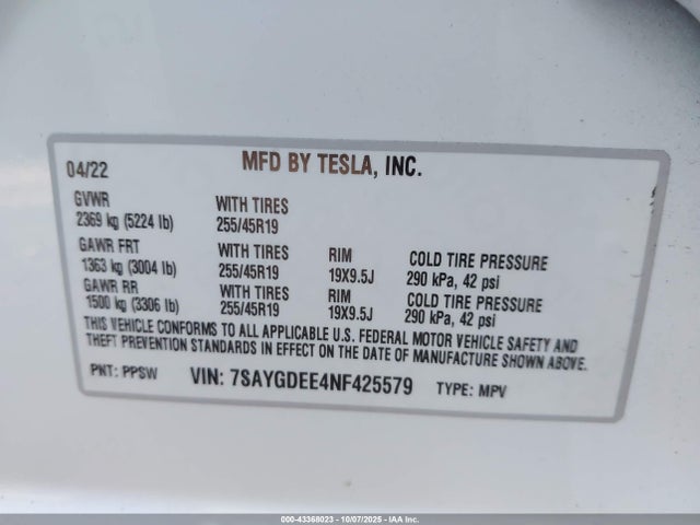 2022 TESLA MODEL Y 7SAYGDEE4NF425579 Photo 8
