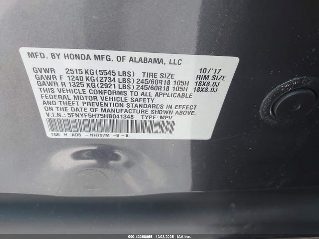 Honda j35y6 2017 5FNYF5H75HB041348 Image 9