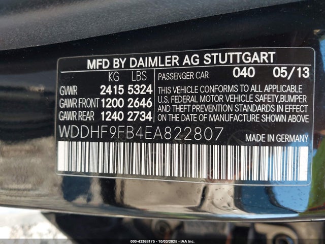 43368175 :رقم المزاد ، WDDHF9FB4EA822807 vin ، 2014 Mercedes-benz E 400 Hybrid Sport مزاد بيع
