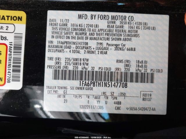 2022 FORD MUSTANG 1FA6P8TH1N5147708 Photo 8