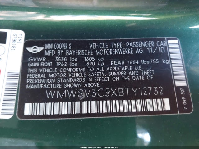 2011 MINI COOPER S WMWSV3C5XBTY12732 Photo 8