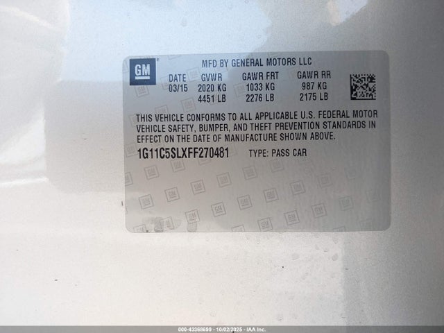 43368699 :رقم المزاد ، 1G11C5SLXFF270481 vin ، 2015 Chevrolet Malibu 1lt مزاد بيع