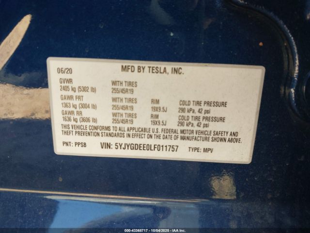 2020 TESLA MODEL Y 5YJYGDEE0LF011757 Photo 8