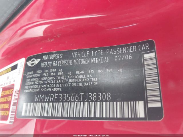 2006 MINI COOPER S WMWRE33566TJ38308 Photo 8