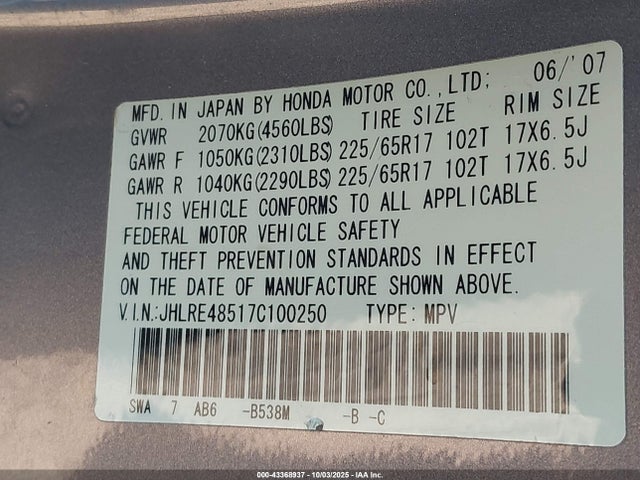 Aukcja sprzedaży 2007 Honda Cr-v Ex, vin: JHLRE48517C100250, numer aukcji: 43368937