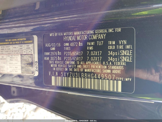 5XYZU3LB8HG449507 Hyundai gdi theta ii