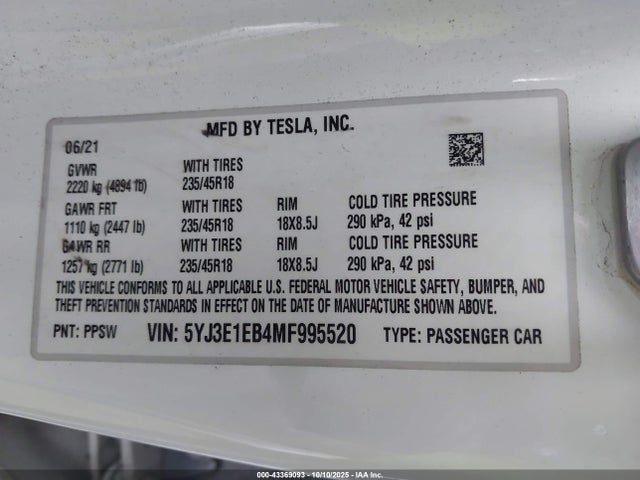 2021 TESLA MODEL 3 5YJ3E1EB4MF995520 Photo 8