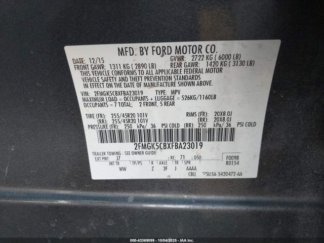 Ford Flex 2015 2FMGK5C8XFBA23019 Image 9