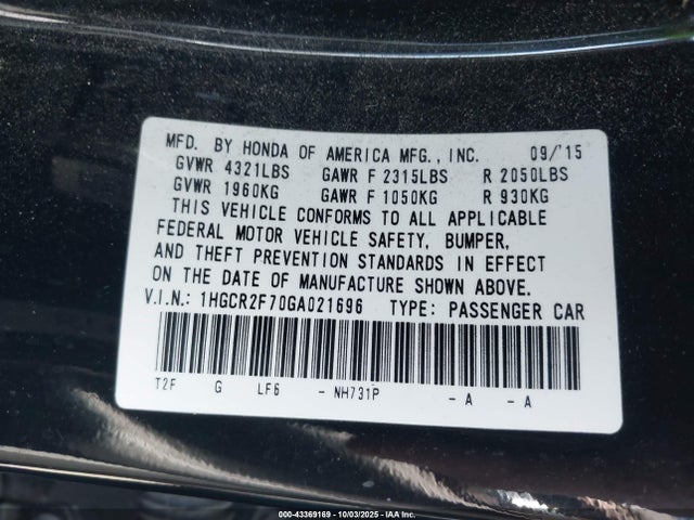 1HGCR2F70GA021696 Honda k24w1