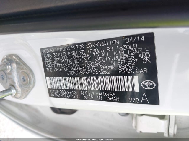Toyota 1nz-fxe+1lm 2014 JTDKDTB3XE1564262 Image 9