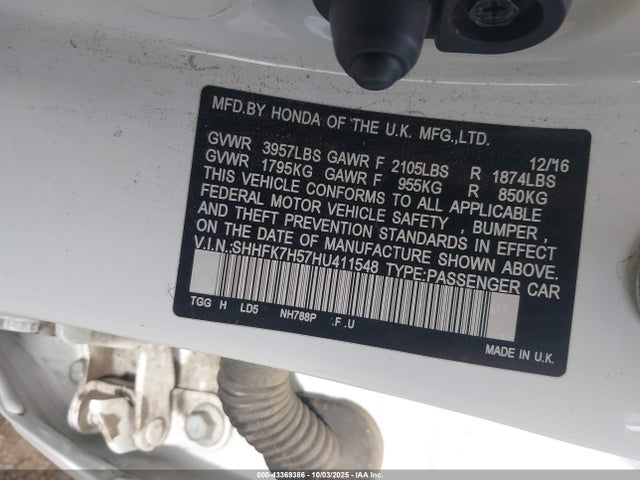 SHHFK7H57HU411548 Honda l15ba