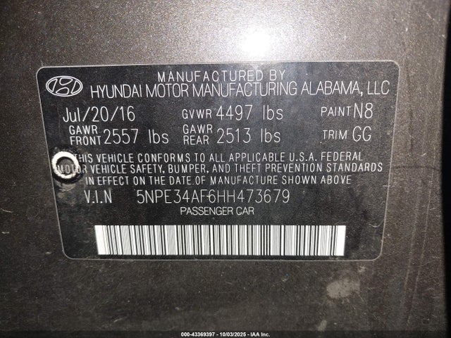 Hyundai 2017 2017 5NPE34AF6HH473679 Image 9