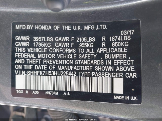 SHHFK7H53HU225442 Honda CIVIC EX