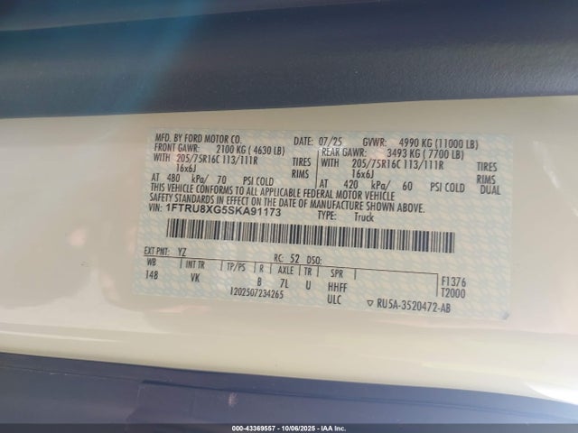 43369557 :رقم المزاد ، 1FTRU8XG5SKA91173 vin ، 2025 Ford Transit-350 Cargo Van مزاد بيع