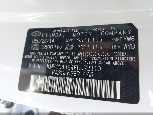 Hyundai gasoline 3.8 dohc mpi lambda 2015 KMHGN4JE4FU072110 Image 9