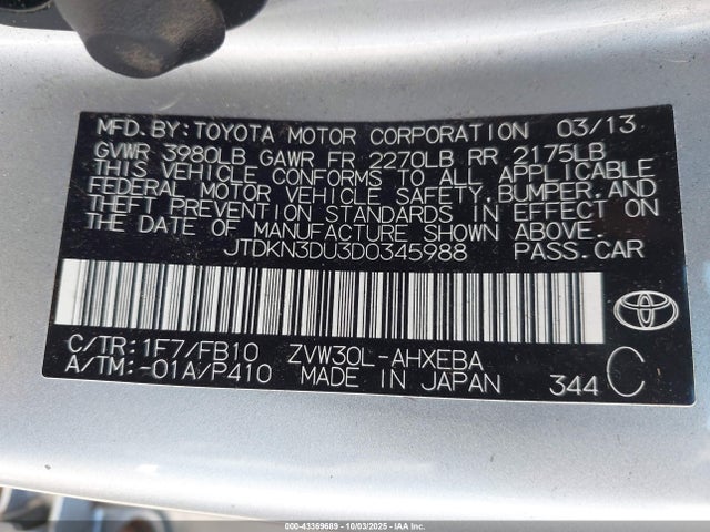 43369689 :رقم المزاد ، JTDKN3DU3D0345988 vin ، 2013 Toyota Prius Two مزاد بيع