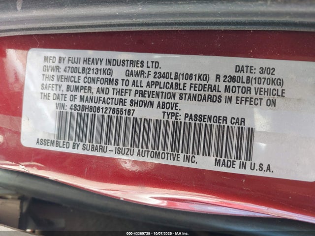 2002 Subaru Outback H6-3.0 L.l. Bean Edition მანქანა იყიდება აუქციონზე, vin: 4S3BH806127655167, აუქციონის ნომერი: 43369735