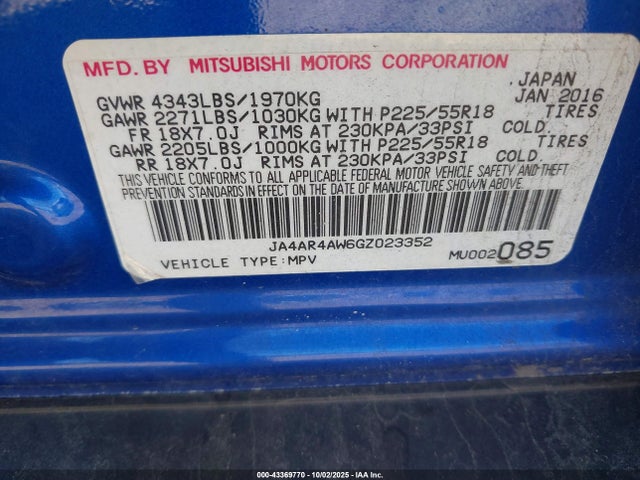 43369770 :رقم المزاد ، JA4AR4AW6GZ023352 vin ، 2016 Mitsubishi Outlander Sport 2.4 Sel مزاد بيع