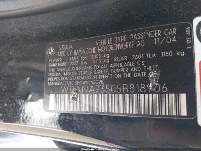 2005 BMW 530I WBANA73505B818906 Photo 8