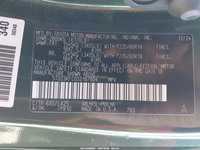 5TDZSKFC0SS167604 Toyota a25a-fxs