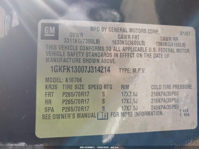 Aukcja sprzedaży 2007 Gmc Yukon Slt, vin: 1GKFK13007J314214, numer aukcji: 43369931