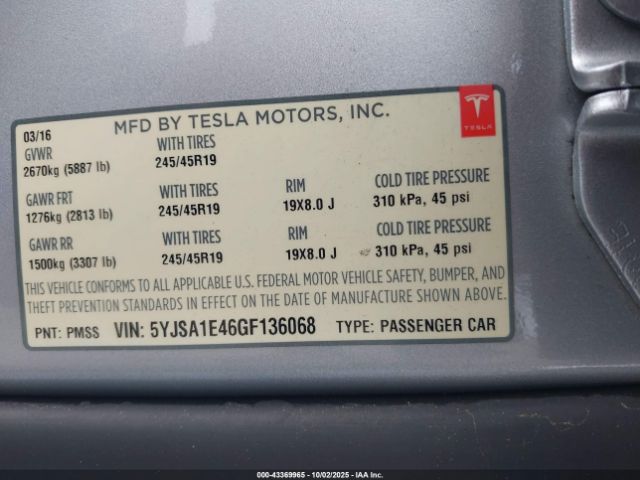 2016 TESLA MODEL S 5YJSA1E46GF136068 Photo 8