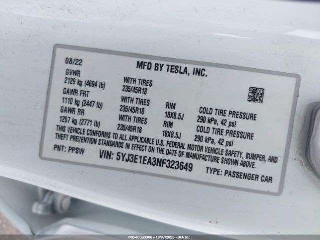 2022 TESLA MODEL 3 5YJ3E1EA3NF323649 Photo 8