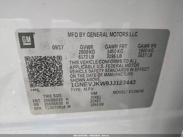 Aukcja sprzedaży 2018 Chevrolet Traverse Premier, vin: 1GNEVJKW9JJ123443, numer aukcji: 43370166
