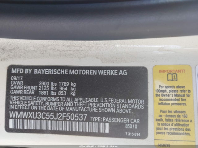 Aukcja sprzedaży 2018 Mini Hardtop Cooper S, vin: WMWXU3C55J2F50537, numer aukcji: 43370392