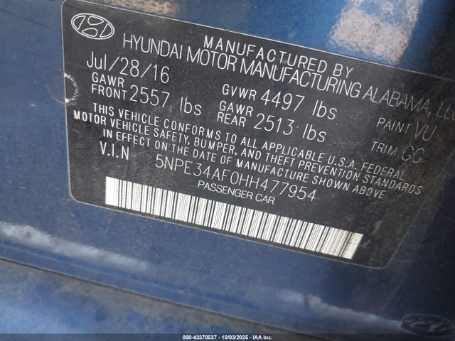 Hyundai Sonata 2017 5NPE34AF0HH477954 Image 9