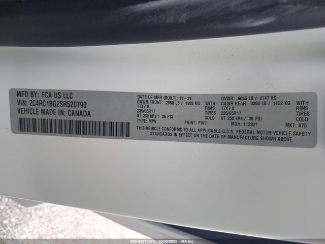 43370578 :رقم المزاد ، 2C4RC1BG2SR520790 vin ، 2025 Chrysler Pacifica Select مزاد بيع